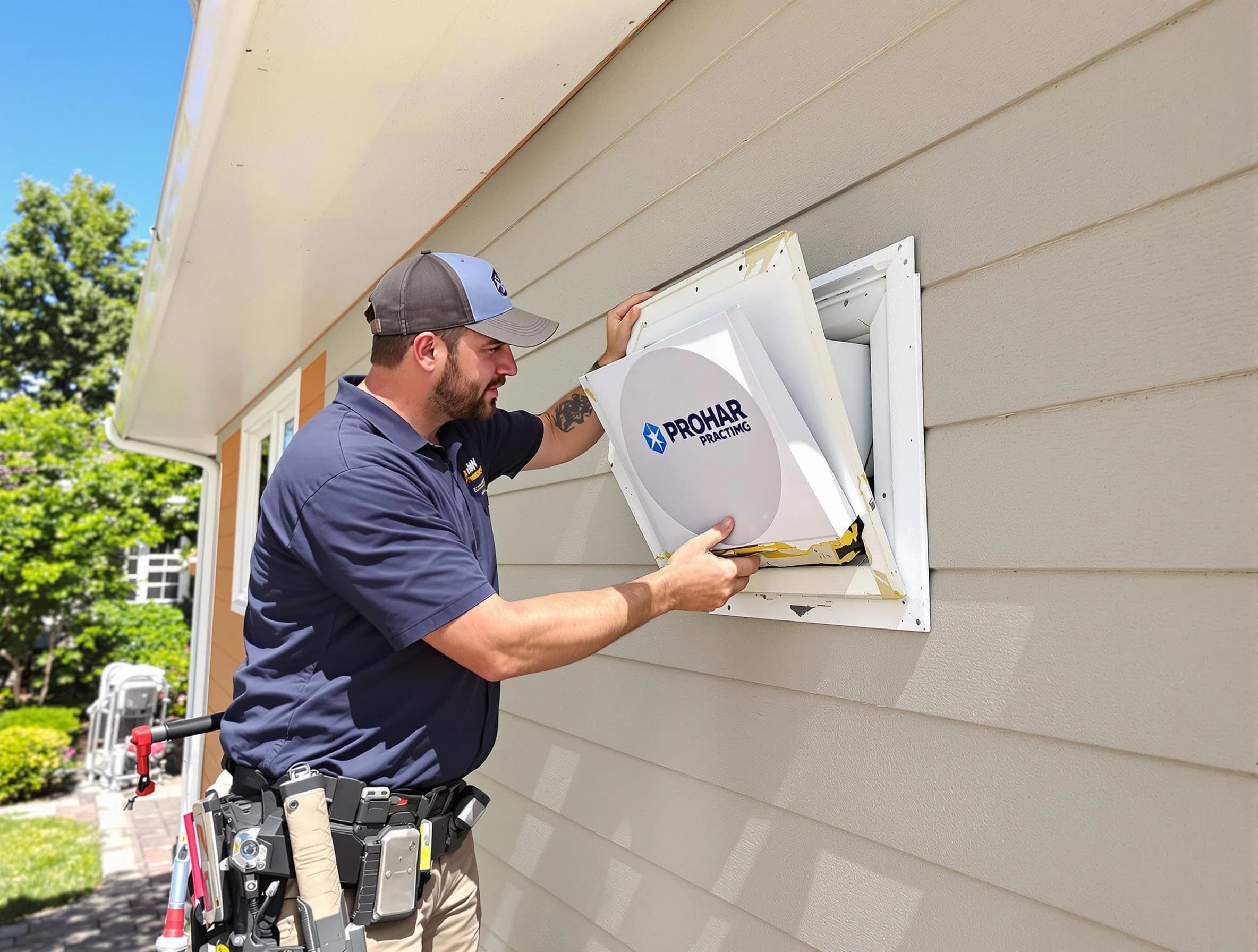 Oneonta Dryer Vent Cleaning technician installing a new protective dryer vent cover on a home in Oneonta