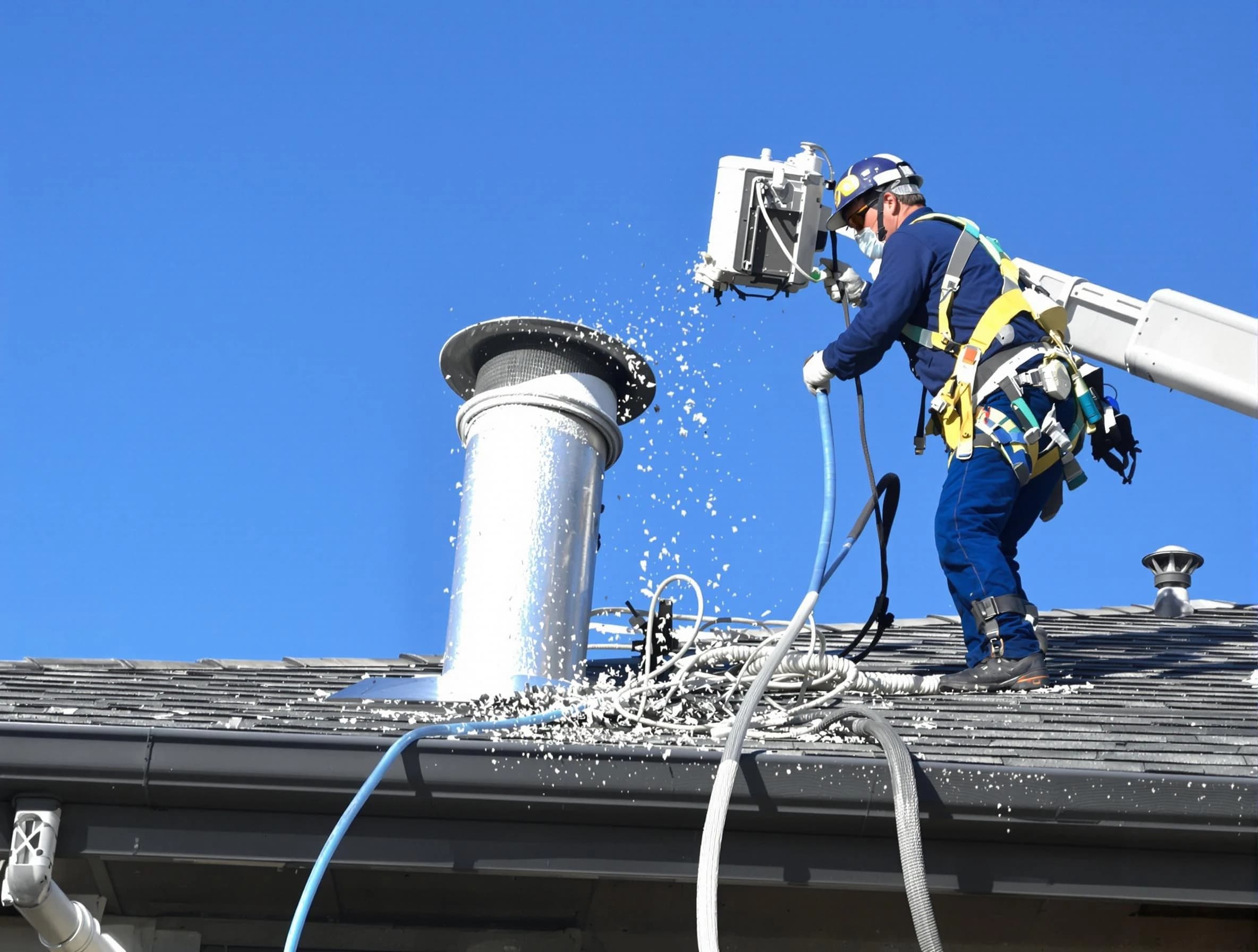 Oneonta Dryer Vent Cleaning certified technician safely cleaning a roof-mounted dryer vent in Oneonta